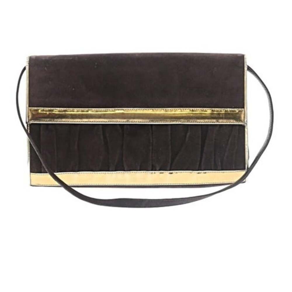 Stuart Weitzman Evening Bag Suede Purse Shoulder Clutch Chocolate brown gold